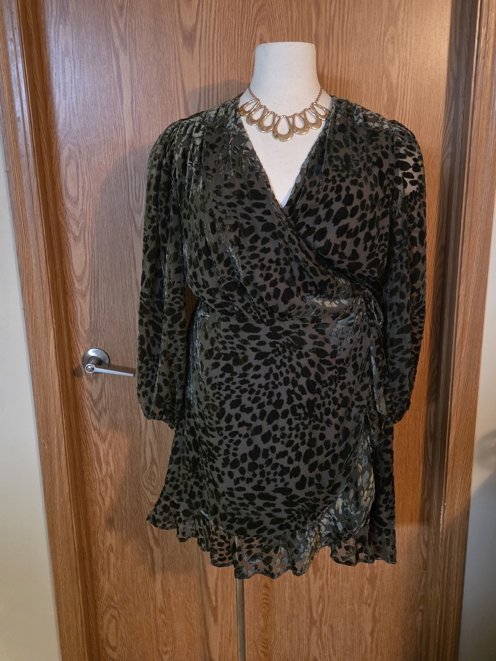 Alex Marie Olive Green Leopard Wrap Dress with Long Sleeves